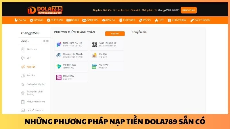 Những phương pháp nạp tiền Dola789 sẵn có